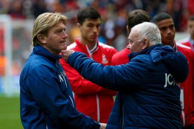 CHIN UP: A crest-fallen Stuart McCall is consoled by club ambassador Malcolm Scott after City's agony at Wembley – Picture: Simon Davies