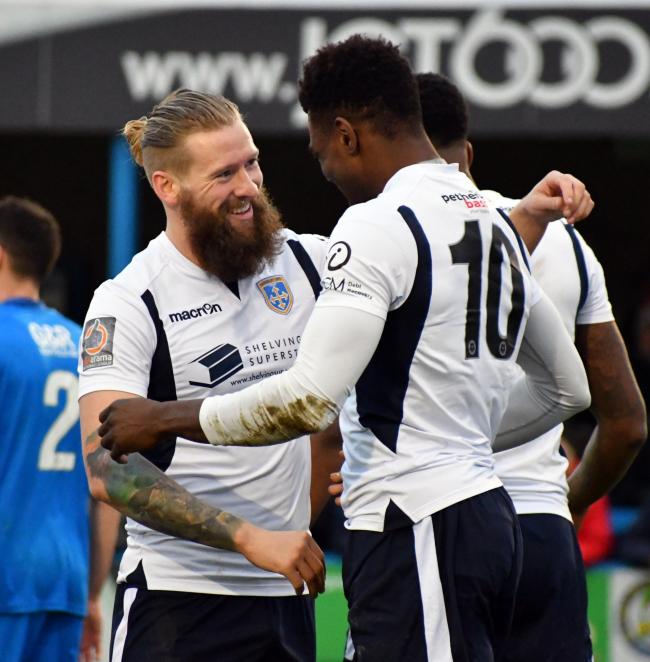 Goalscorer Kayode Odejayi is congratulated by Guiseley team-mate Alex Purver in their side's 1-1 draw with Leamington at Nethermoor in Vanarama National League North on Saturday. Picture: Richard Leach